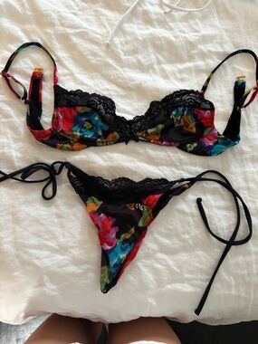 Rat & Boa Black Multicolor Floral Lace Bikini Set